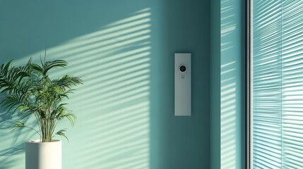 A smart apartment entryway with a video doorbell and keyless entry system. The clean background offers ample space for branding or text on the right.