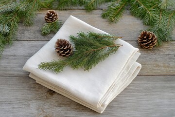 Wall Mural - Mockup of folded white fabric with pine branches and cones on a rustic wooden surface, simple and natural Christmas decor, copy space, selective focus

