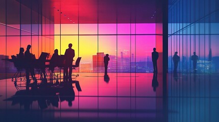 Canvas Print - Silhouettes of Professionals at Sunset in Modern Office