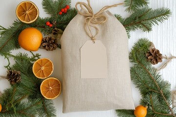 Wall Mural - Mockup of a burlap gift sack with blank tag among pine branches, dried oranges, and fresh oranges, rustic eco-friendly holiday decor, copy space, selective focus

