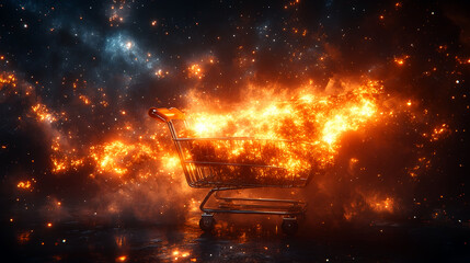 Aufkleber - Dramatic,fiery cosmic explosion in the night sky filled with burning debris,bright sparks,and intense flames. The image conveys a sense of chaos,danger,and cataclysmic destruction.