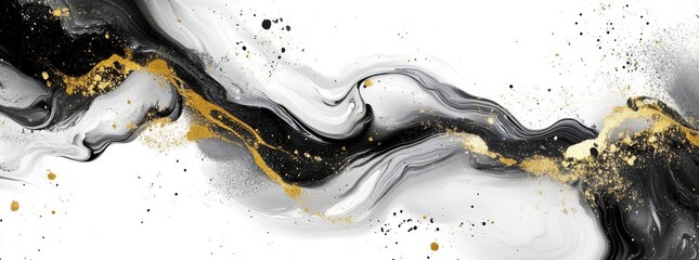  Abstract Fluid Art Painting in Black, White, and Gold Swirling Patterns