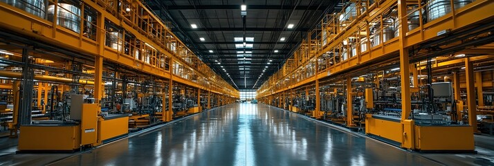 Poster - Expansive industrial warehouse interior with row upon row of metal shelving and equipment,showcasing the complex logistics and automation behind modern manufacturing and distribution