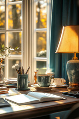 A cozy corner of a room with a desk, a lamp, a window, and a potted plant