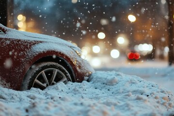 A car is partially buried beneath a heavy blanket of fresh snow as soft streetlights glow in the background, creating a serene winter scene.