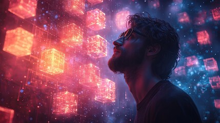 A man wearing glasses stares at a series of glowing cubes in a virtual reality environment, reflecting the complexity and wonder of digital technology.