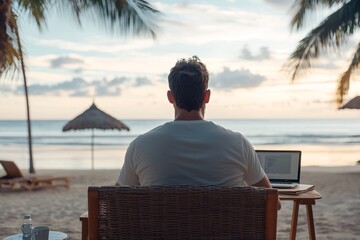 Digital nomad working on website development at a beach, remote work lifestyle, web developer s freedom.