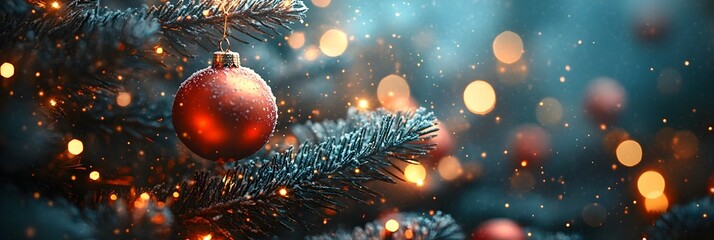 Poster - Sparkling red Christmas ornament hanging on a snowy evergreen tree branch with twinkling fairy lights and glittering snowflakes in a magical winter scene. Festive holiday and concept.