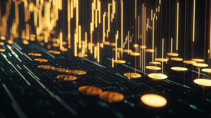 3D Financial Chart with Fluctuating Line and Coins