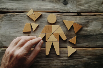 A hand building the shape of a person from wooden blocks. Business teamwork and development