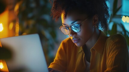 Wall Mural - Focused Woman Working on Laptop in Cozy Setting