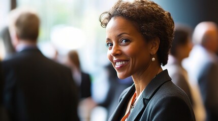 Wall Mural - Professional Woman Smiling in Busy Environment