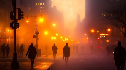 Dense fog rolling through a city street at dawn, streetlights casting an eerie glow, silhouettes of people