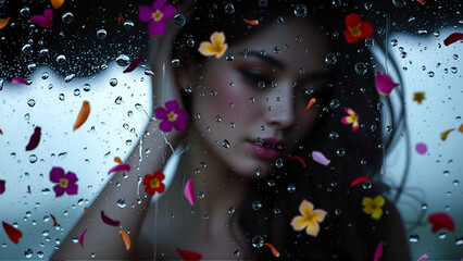 A beautiful woman's silhouette behind a rain-soaked glass window, with colorful flowers and petals drifting down the glass surface, evoking a sense of mystery and natural beauty.