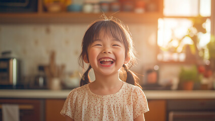 A child with a big smile in the house, Asian girl