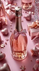 Poster - Celebrate with sparkling rose champagne bottles surrounded by festive decorations and gifts