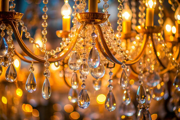 A beautifully lit chandelier adorned with sparkling crystals and glowing candles, creating an elegant atmosphere.