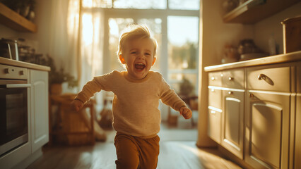 A child with a big smile in the house, white boy