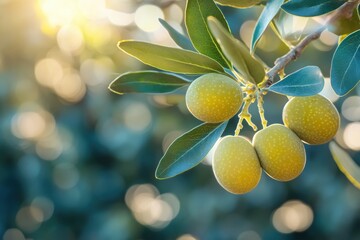 Close-up of ripe green olives hanging on an olive tree branch, with sunlight filtering through, capturing the natural beauty of a Mediterranean orchard.