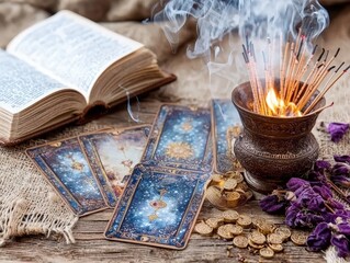 Mystical Tarot Card Reading with Incense Book and Coins