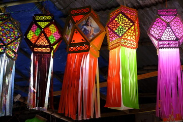 Series of colourful aakash kandil lights displayed in Pune city area, during Diwali Festival.