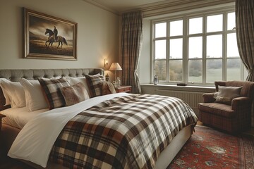 Wall Mural - Classic bedroom interior, plaid bed and armchair, large picture on the wall of horse riding, chic British country house interior design. 