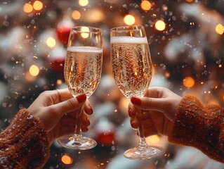 Two glasses of champagne in hand in a New Year's atmosphere, with selective focus