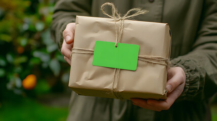 person is holding gift wrapped in recycled paper, showcasing green tag. setting features lush garden background, adding natural touch to scene