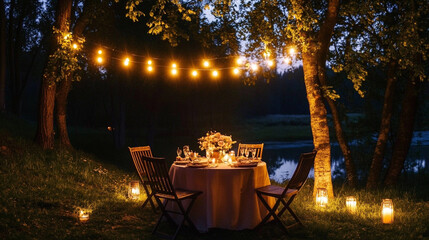 Cozy Outdoor Dinner for Two Under a Starry Sky with Fairy Lights and Flowers