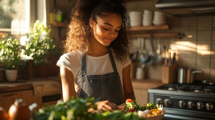 A woman is preparing a salad in a kitchen