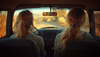 Two individuals sit in a car, enjoying a scenic drive along a road, with a beautiful landscape visible ahead.