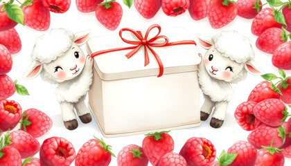 Two sheep are holding a white box with a red ribbon