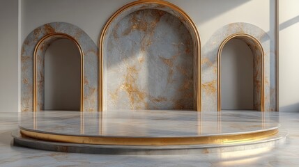 An elegant display stage with a transparent top and gold trims, set against a pure white background.