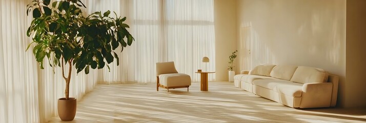 Poster - Serene and Cozy Minimalist Living Room with Oversized Potted Plant and Warm Sunlight Flooding Through Floor to Ceiling Window