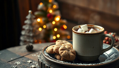 Wall Mural - cup of christmas chocolate with marshmallow on cozy bokeh background