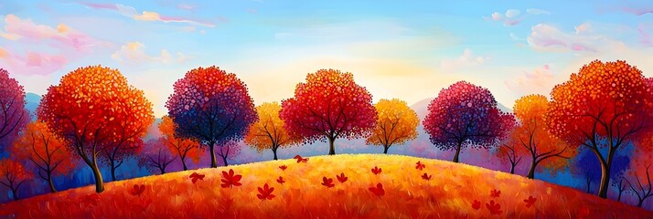 Poster - Stunning autumnal landscape showcasing a vibrant array of red orange and yellow leaves on rolling hills  A serene and picturesque natural scene perfect for seasonal or nature themed projects