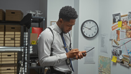 African american detective taking notes on a phone in a police department's office, with evidence board in background.