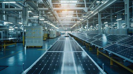 A modern solar panel manufacturing facility featuring rows of solar panels, high ceilings, and bright industrial lighting.