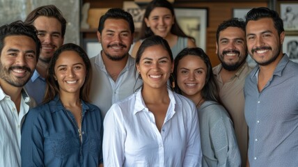 Group of diverse people smiling to camera while wearing casual cloth. Attractive happy business team working together and looking at camera. Collaboration, cooperation, teamwork, trust. AIG53.