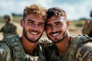  two army bond as brother smiling at the camera, as they hug each other 