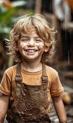 Wall Mural - A contented youngster is playing with dirt and mud in the backyard garden.