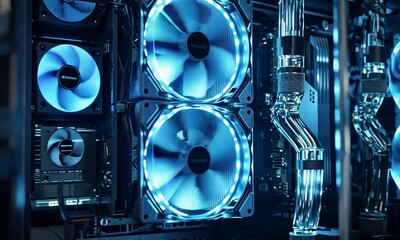 a close-up of a computer cooling system with blue led fans and liquid cooling tubes.
