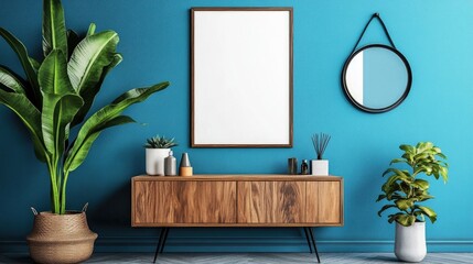 Modern living room design featuring a mock-up poster frame, wooden commode, mirror, and personal accessories against a blue wall