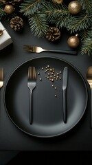 Poster - Elegant holiday dining setup with black plates and festive decorations on a dark table