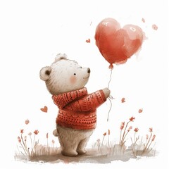 cute watercolor bear in red sweater holding red heart shaped balloon, isolated card design. ai generated