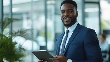 Confident Businessman Holding Tablet in Modern Office