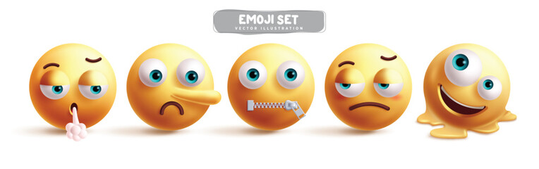 Emojis tired characters emoticon vector set. Emoji 3d character like pinocchio, quiet, anxious, exhausted, melting and silent graphic elements in white background. Vector illustration tired yellow