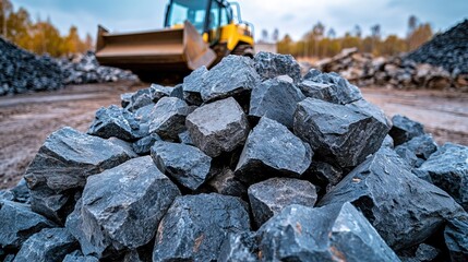 Close-up of a pile of broken rocks with a bulldozer in the background 