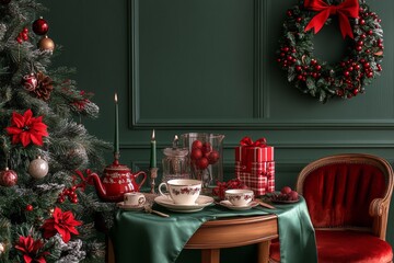 Poster - Elegant Christmas table setting with gifts and decorations in a cozy indoor atmosphere