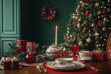 Poster - Elegant Christmas table setting with gifts and decorations in a cozy indoor atmosphere